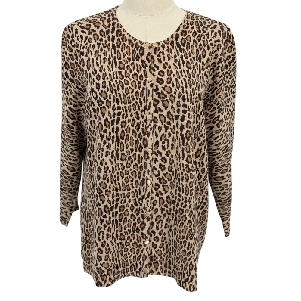 Croft & Barrow Cardigan Leopard Print 100% Cotton Brown Tan Large